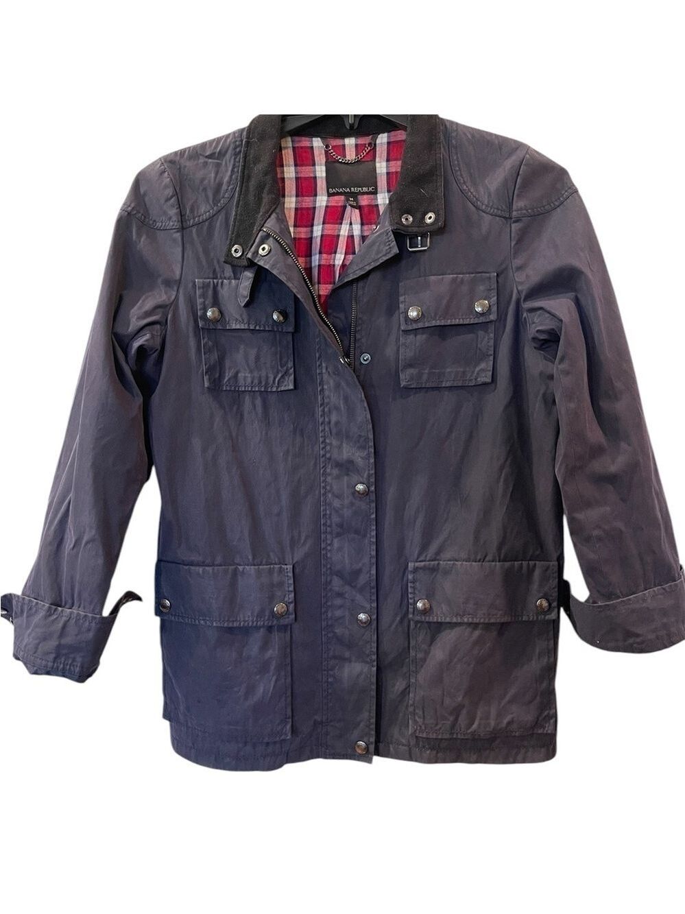 Banana Republic Womens Jacket Blue Waxed Canvas Corduroy Collar Barn Coat Medium - Picture 2 of 7